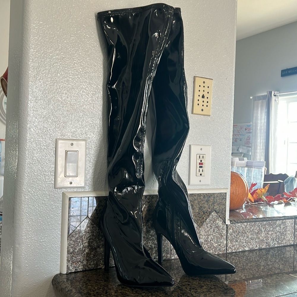 Patent LeatherBoots,Side Zipper PointToe HighKnee Boots,Trendy Elastic SlimBoots
